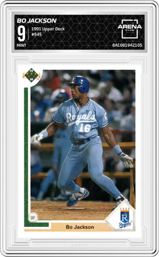 Bo Jackson from the 1991 Upper Deck set graded by Arena Club and given an overall grade of 9.