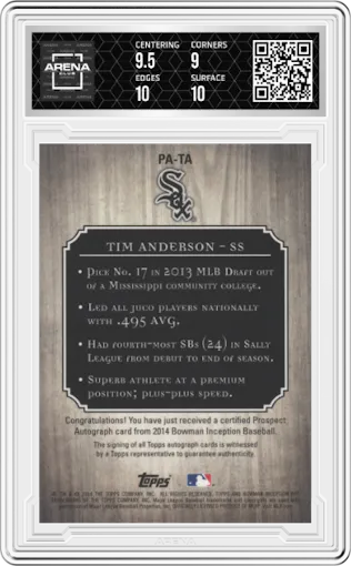 Tim Anderson from the 2014 Bowman Inception set graded by Arena Club and given an overall grade of 9.5.