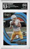 Justin Herbert from the 2020 Panini Select set featuring a Die-Cut Light Blue parallel graded by Arena Club and given an overall grade of 9.5.
