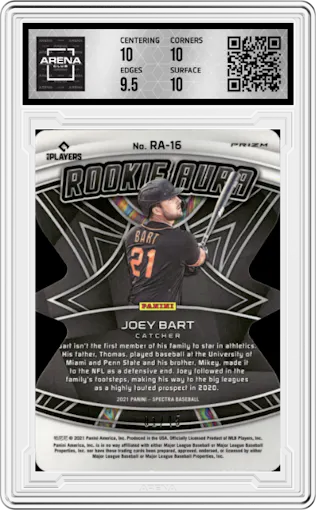 Joey Bart from the 2021 Panini Spectra set featuring a Die-Cut Neon Blue parallel graded by Arena Club and given an overall grade of 10.