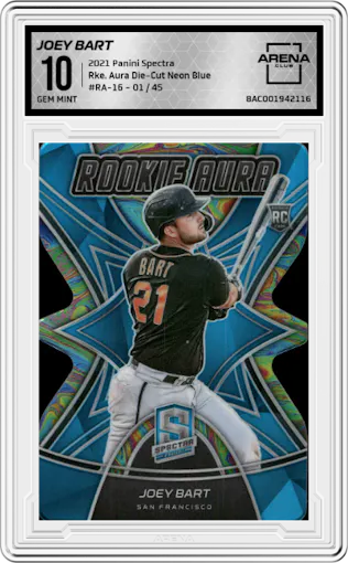 Joey Bart from the 2021 Panini Spectra set featuring a Die-Cut Neon Blue parallel graded by Arena Club and given an overall grade of 10.
