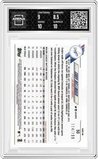 Cody Bellinger from the 2021 Topps  set featuring a Red parallel graded by Arena Club and given an overall grade of 9.