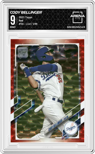 Cody Bellinger from the 2021 Topps  set featuring a Red parallel graded by Arena Club and given an overall grade of 9.
