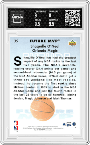 Shaquille O'Neal from the 1992-93 Upper Deck MVP Holograms set graded by Arena Club and given an overall grade of 8.5.