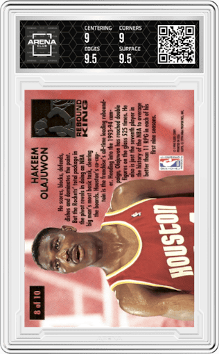 Hakeem Olajuwon from the 1993-94 Fleer Ultra set graded by Arena Club and given an overall grade of 9.5.