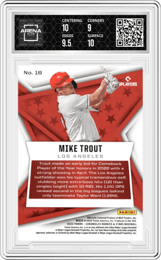Mike Trout from the 2022 Panini Chronicles set graded by Arena Club and given an overall grade of 9.5.