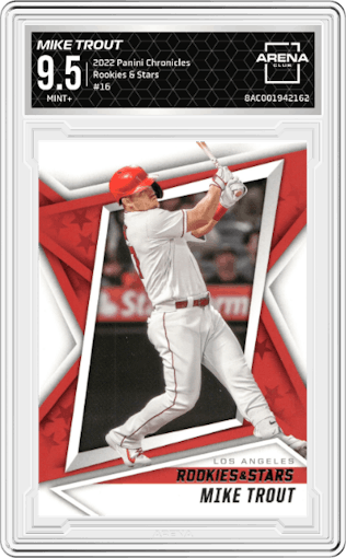 Mike Trout from the 2022 Panini Chronicles set graded by Arena Club and given an overall grade of 9.5.