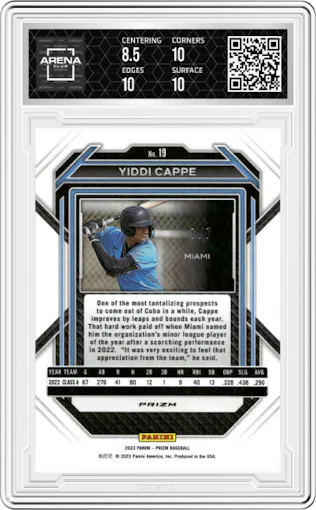 Yiddi Cappe from the 2023 Panini Prizm set featuring a Blue Shimmer parallel graded by Arena Club and given an overall grade of 9.