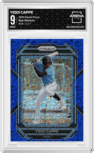 Yiddi Cappe from the 2023 Panini Prizm set featuring a Blue Shimmer parallel graded by Arena Club and given an overall grade of 9.