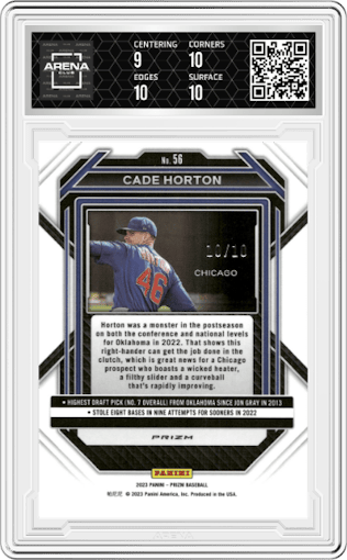 Cade Horton from the 2023 Panini Prizm set featuring a Gold Shimmer parallel graded by Arena Club and given an overall grade of 9.5.