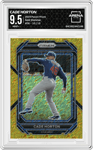 Cade Horton from the 2023 Panini Prizm set featuring a Gold Shimmer parallel graded by Arena Club and given an overall grade of 9.5.