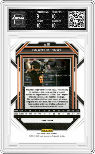Grant McCray from the 2023 Panini Prizm set featuring a Gold Shimmer parallel graded by Arena Club and given an overall grade of 9.5.