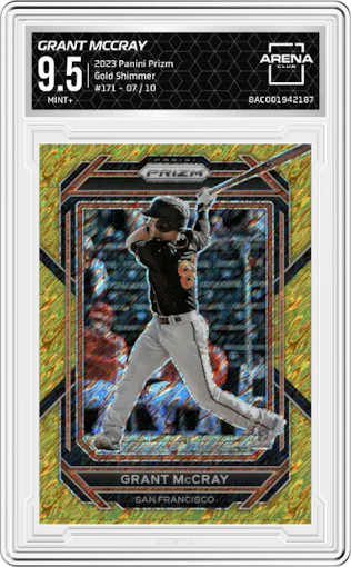 Grant McCray from the 2023 Panini Prizm set featuring a Gold Shimmer parallel graded by Arena Club and given an overall grade of 9.5.