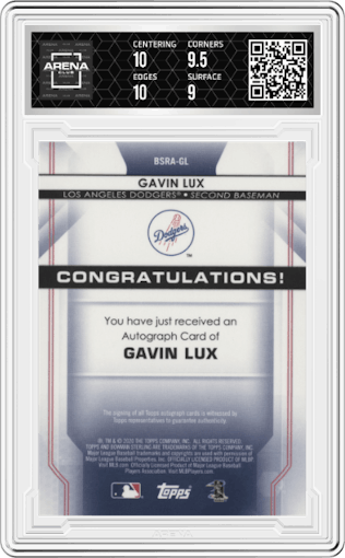 Gavin Lux from the 2020 Bowman Sterling set graded by Arena Club and given an overall grade of 9.5.