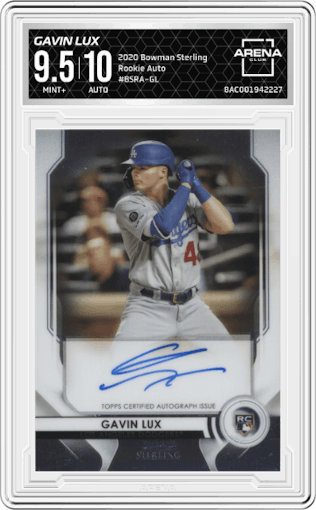 Gavin Lux from the 2020 Bowman Sterling set graded by Arena Club and given an overall grade of 9.5.