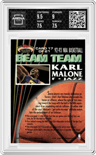Karl Malone from the 1992-93 Topps Stadium Club set featuring a Members Only parallel graded by Arena Club and given an overall grade of 8.