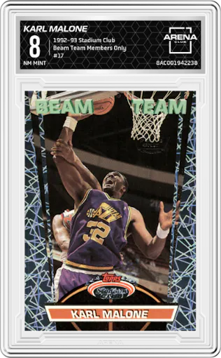 Karl Malone from the 1992-93 Topps Stadium Club set featuring a Members Only parallel graded by Arena Club and given an overall grade of 8.