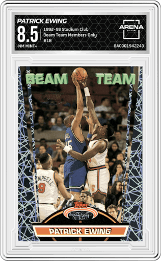 Patrick Ewing from the 1992-93 Topps Stadium Club set featuring a Members Only parallel graded by Arena Club and given an overall grade of 8.5.