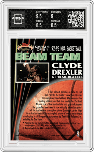Clyde Drexler from the 1992-93 Topps Stadium Club set featuring a Members Only parallel graded by Arena Club and given an overall grade of 9.