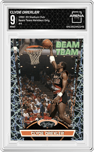 Clyde Drexler from the 1992-93 Topps Stadium Club set featuring a Members Only parallel graded by Arena Club and given an overall grade of 9.