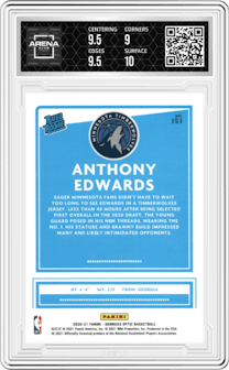 Anthony Edwards from the 2020-21 Panini Donruss Optic set graded by Arena Club and given an overall grade of 9.5.