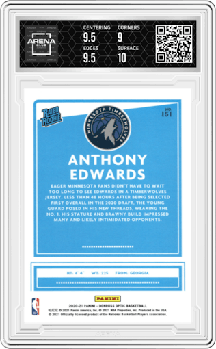 Anthony Edwards from the 2020-21 Panini Donruss Optic set graded by Arena Club and given an overall grade of 9.5.