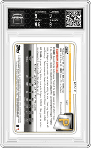 Oneil Cruz from the 2020 Bowman set graded by Arena Club and given an overall grade of 9.