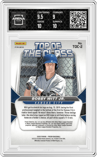 Bobby Witt Jr. from the 2020 Panini Prizm set featuring a Silver Prizm parallel graded by Arena Club and given an overall grade of 9.5.