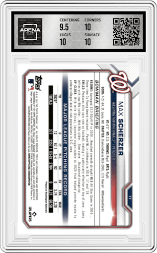 Max Scherzer from the 2021 Bowman Chrome set featuring a Green Refractor parallel graded by Arena Club and given an overall grade of 10.