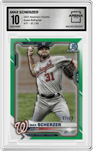 Max Scherzer from the 2021 Bowman Chrome set featuring a Green Refractor parallel graded by Arena Club and given an overall grade of 10.