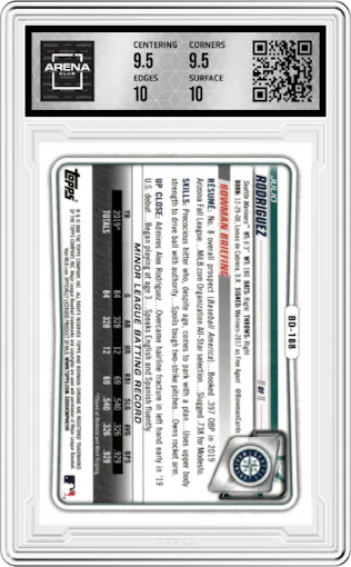 Julio Rodriguez from the 2020 Bowman Draft set graded by Arena Club and given an overall grade of 10.