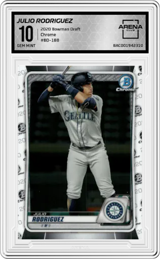 Julio Rodriguez from the 2020 Bowman Draft set graded by Arena Club and given an overall grade of 10.