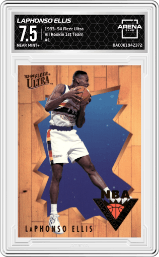 LaPhonso Ellis from the 1993-94 Fleer Ultra set graded by Arena Club and given an overall grade of 7.5.