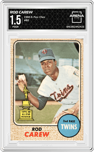 Rod Carew from the 1968 O-Pee-Chee set graded by Arena Club and given an overall grade of 1.5.