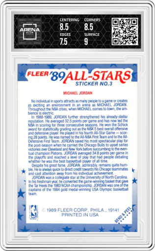 Michael Jordan  from the 1989-90 Fleer set graded by Arena Club and given an overall grade of 8.