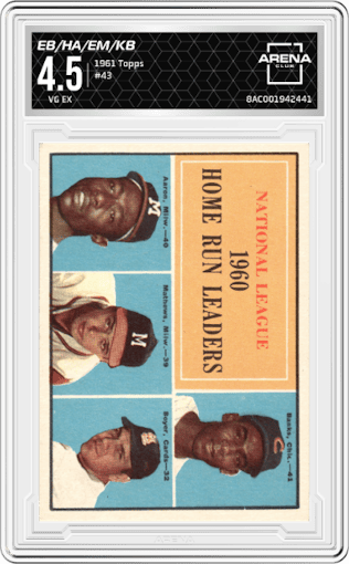 Ernie Banks/Hank Aaron/Eddie Matthews/Ken Boyer from the 1961 Topps set graded by Arena Club and given an overall grade of 4.5.