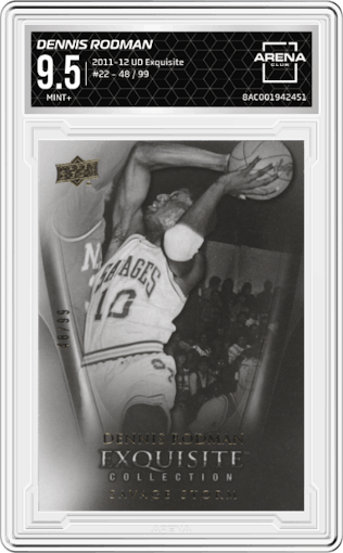 Dennis Rodman from the 2011-12 Upper Deck Exquisite Basketball set graded by Arena Club and given an overall grade of 9.5.