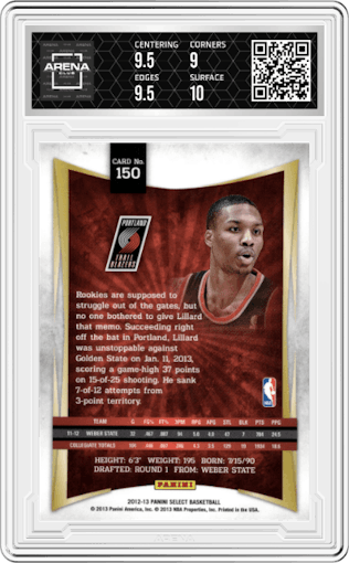 Damian Lillard from the 2012-13 Panini Select set graded by Arena Club and given an overall grade of 9.5.