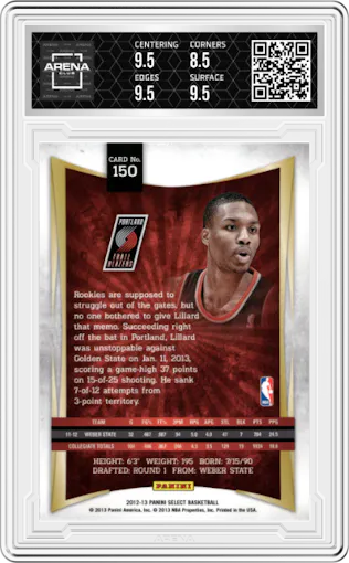 Damian Lillard from the 2012-13 Panini Select set graded by Arena Club and given an overall grade of 9.