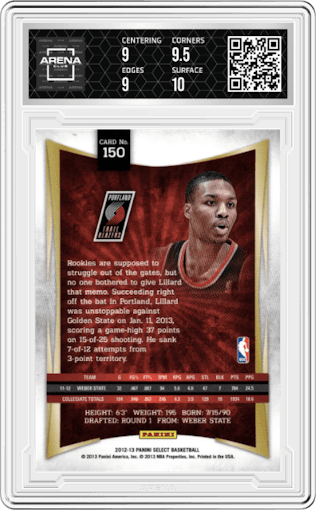 Damian Lillard from the 2012-13 Panini Select set graded by Arena Club and given an overall grade of 9.5.