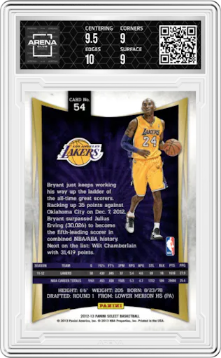 Kobe Bryant from the 2012-13 Panini Select set graded by Arena Club and given an overall grade of 9.5.