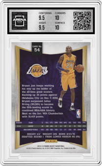 Kobe Bryant from the 2012-13 Panini Select set graded by Arena Club and given an overall grade of 10.