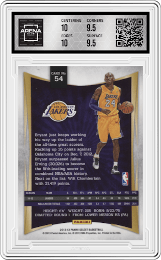 Kobe Bryant from the 2012-13 Panini Select set graded by Arena Club and given an overall grade of 10.