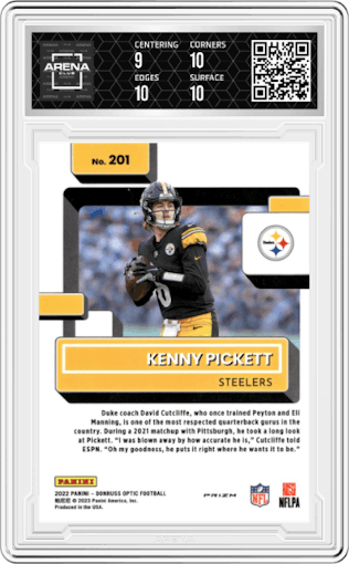 Kenny Pickett from the 2022 Panini Donruss Optic set featuring a Pink parallel graded by Arena Club and given an overall grade of 9.5.