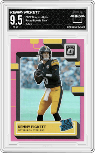 Kenny Pickett from the 2022 Panini Donruss Optic set featuring a Pink parallel graded by Arena Club and given an overall grade of 9.5.