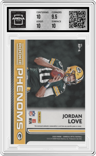 Jordan Love from the 2020 Panini Donruss Optic set featuring a Blue Hyper parallel graded by Arena Club and given an overall grade of 10.