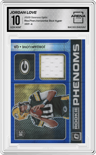 Jordan Love from the 2020 Panini Donruss Optic set featuring a Blue Hyper parallel graded by Arena Club and given an overall grade of 10.