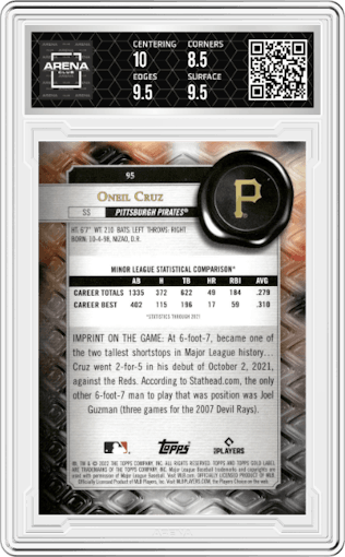  Oneil Cruz from the 2022 Topps Gold Label set featuring a Black parallel graded by Arena Club and given an overall grade of 9.