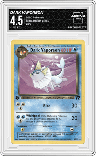 Dark Vaporeon from the 2000 Pokemon set graded by Arena Club and given an overall grade of 4.5.
