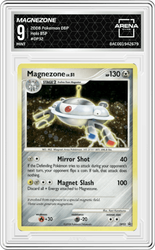 Magnezone from the 2008 Pokemon D&P set graded by Arena Club and given an overall grade of 9.